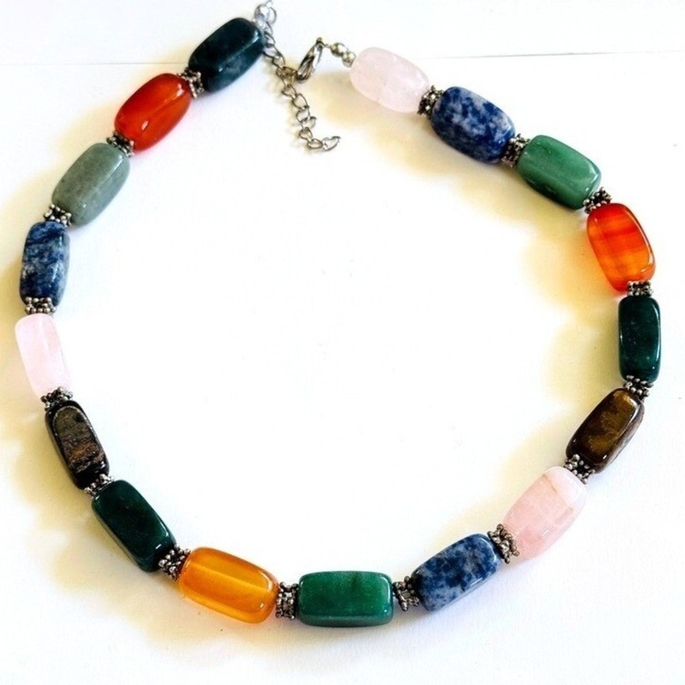 VTG BOHO multi stone Necklace natural Agate Quartz Jade‎ jasper lapis colorful